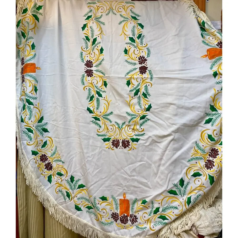 Vintage Christmas Tablecloth Oval Fringe MCM 76”x60 Candles Pinecones Holly